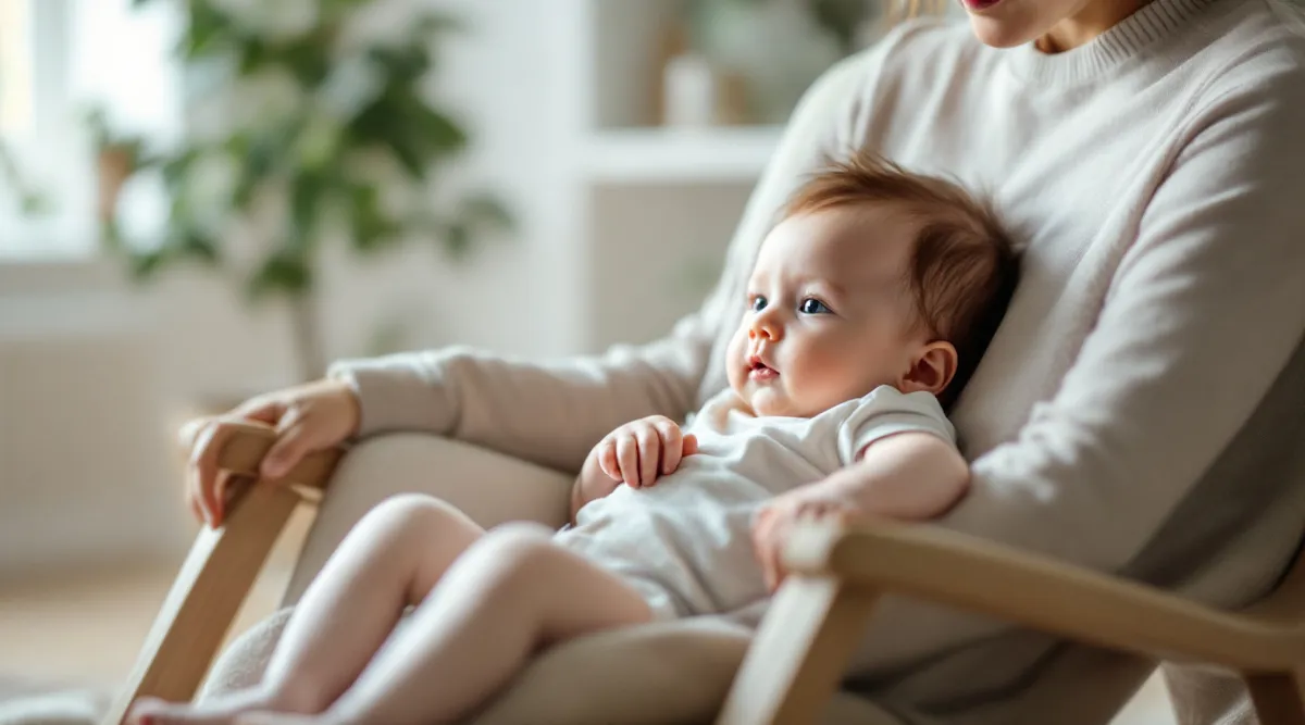 A parent cuddling an 8-month-old baby in a rocking chair before bedtime