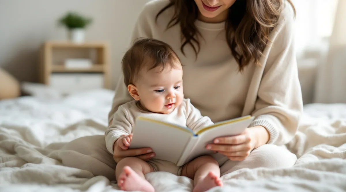 A parent reading a short bedtime book to an 8-month-old baby in pajamas