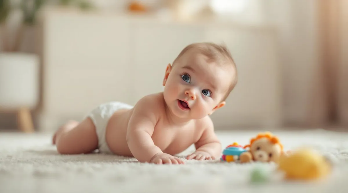 A 2-month-old baby on their tummy lifting their head while looking at a colorful toy