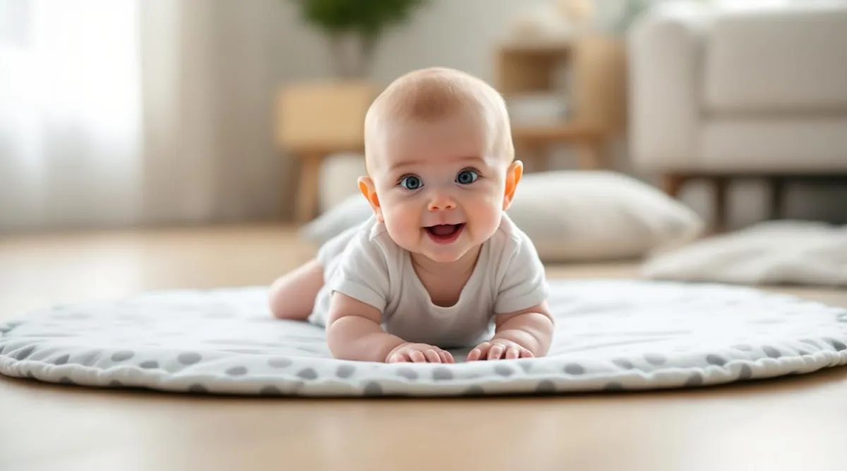 A 3-month-old baby pushing up on their arms during tummy time on a play mat