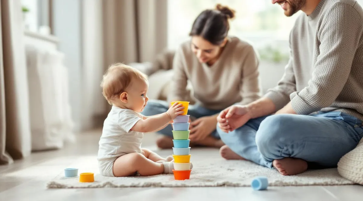 A parent sitting cross-legged on the floor watching their 6-month-old baby play with stacking cups
