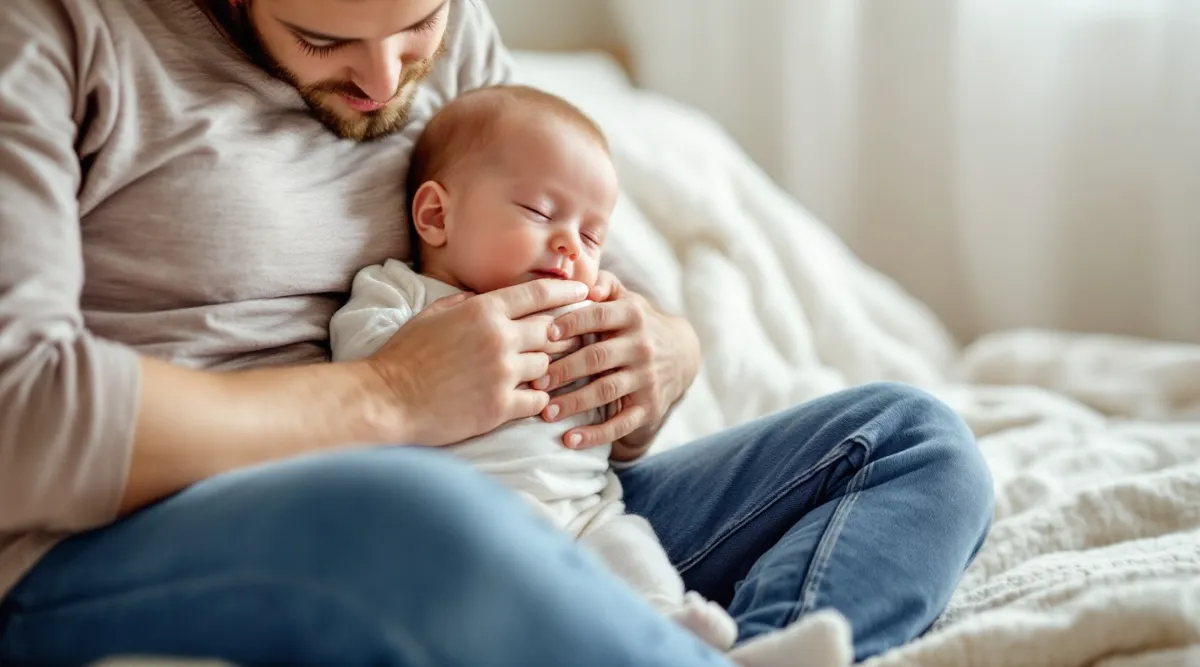 A 6-month-old baby breastfeeding while sitting on a parent’s lap