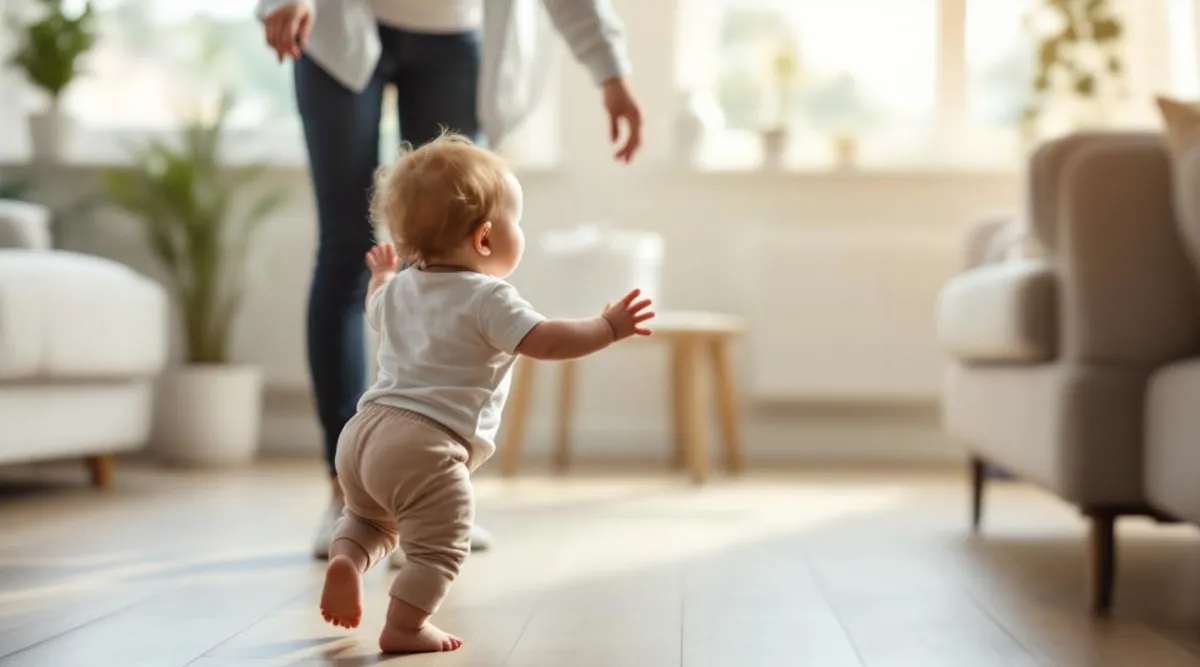 A 12-month-old toddler taking a few first steps toward a parent with outstretched arms