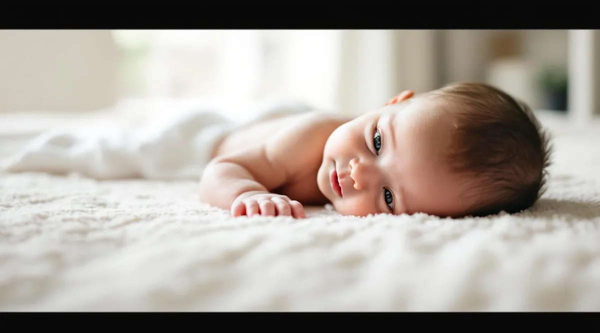A newborn baby lying on their tummy briefly lifting their head on a soft blanket