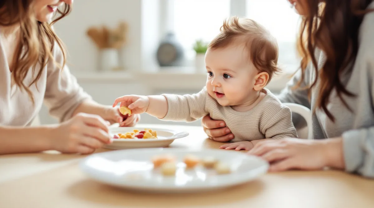 A 6-month-old baby reaching toward a parent’s plate while sitting supported at a dining table