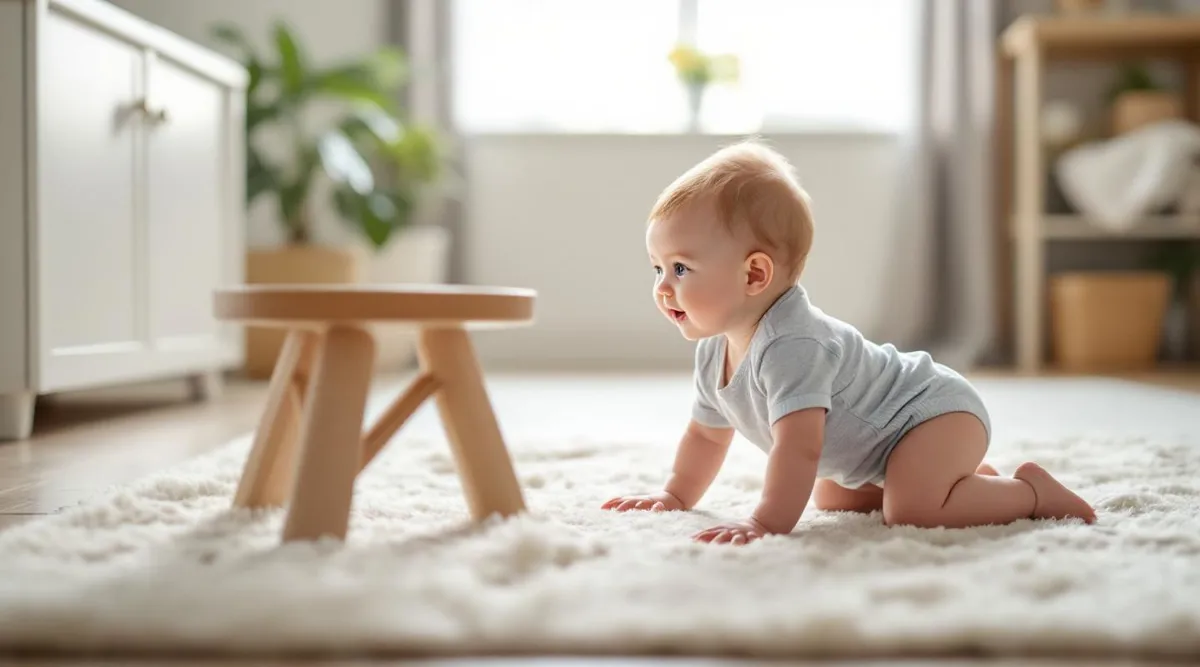 An 8-month-old baby crawling across a soft rug toward a low table