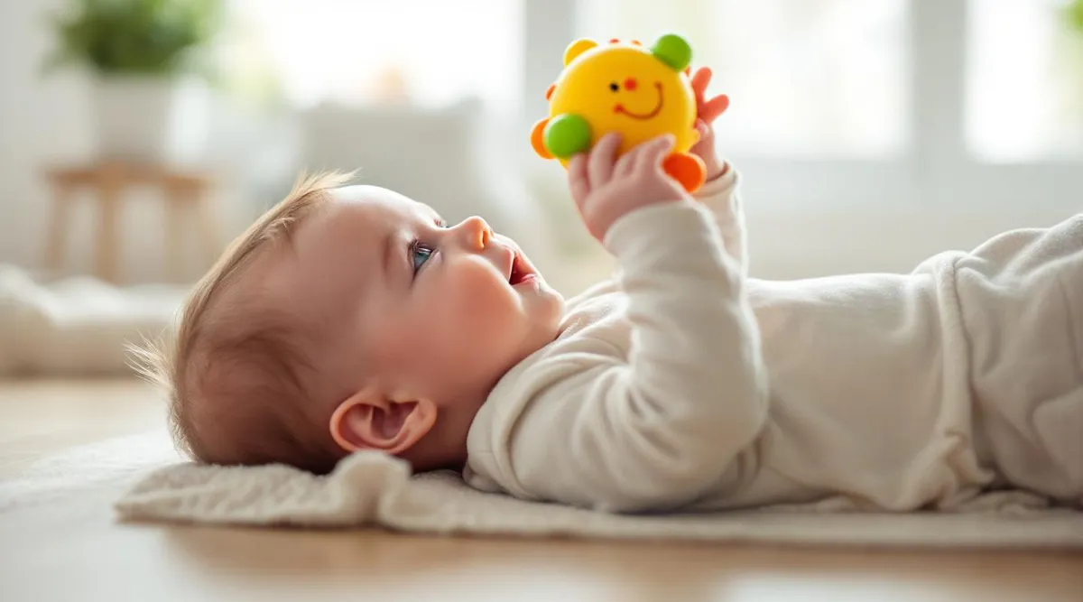A 4-month-old baby reaching for a colorful rattle while lying on their back