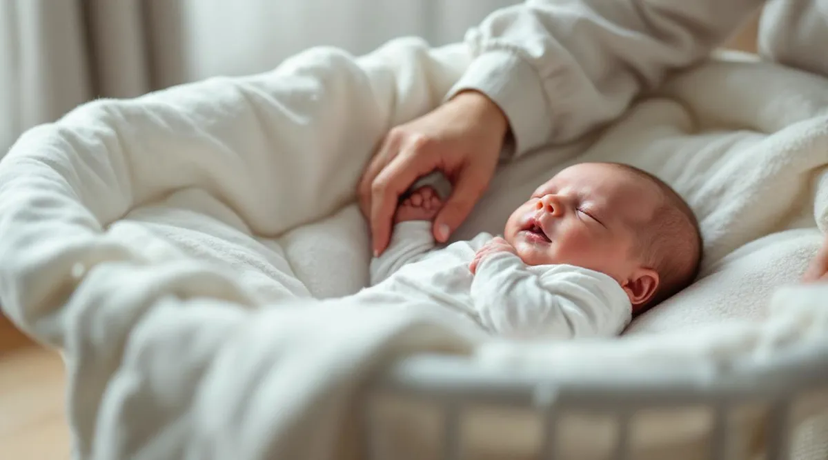 A newborn baby gripping a parent’s finger while lying in a bassinet