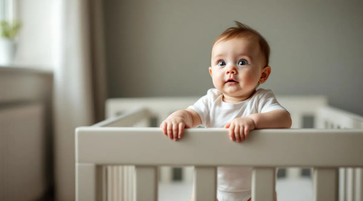 A 5-month-old baby standing in a crib holding the rail and looking wide awake