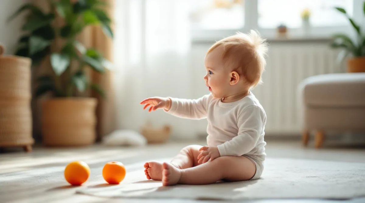 An 8-month-old baby sitting independently on the floor reaching toward a toy just out of reach