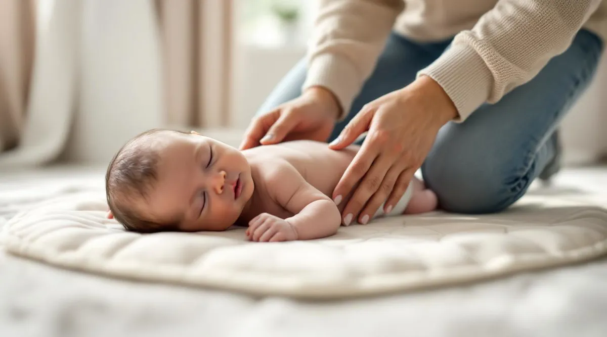A parent gently placing a newborn on their tummy on a play mat