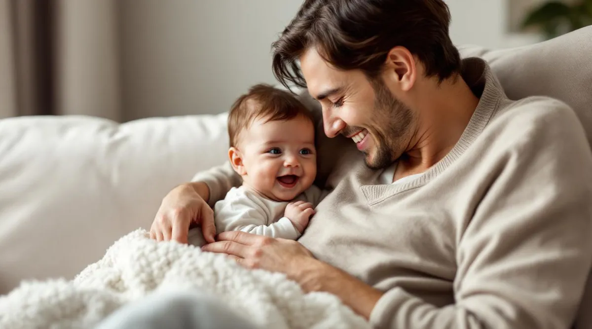 A parent cuddling their 4-month-old baby on a couch, smiling at each other