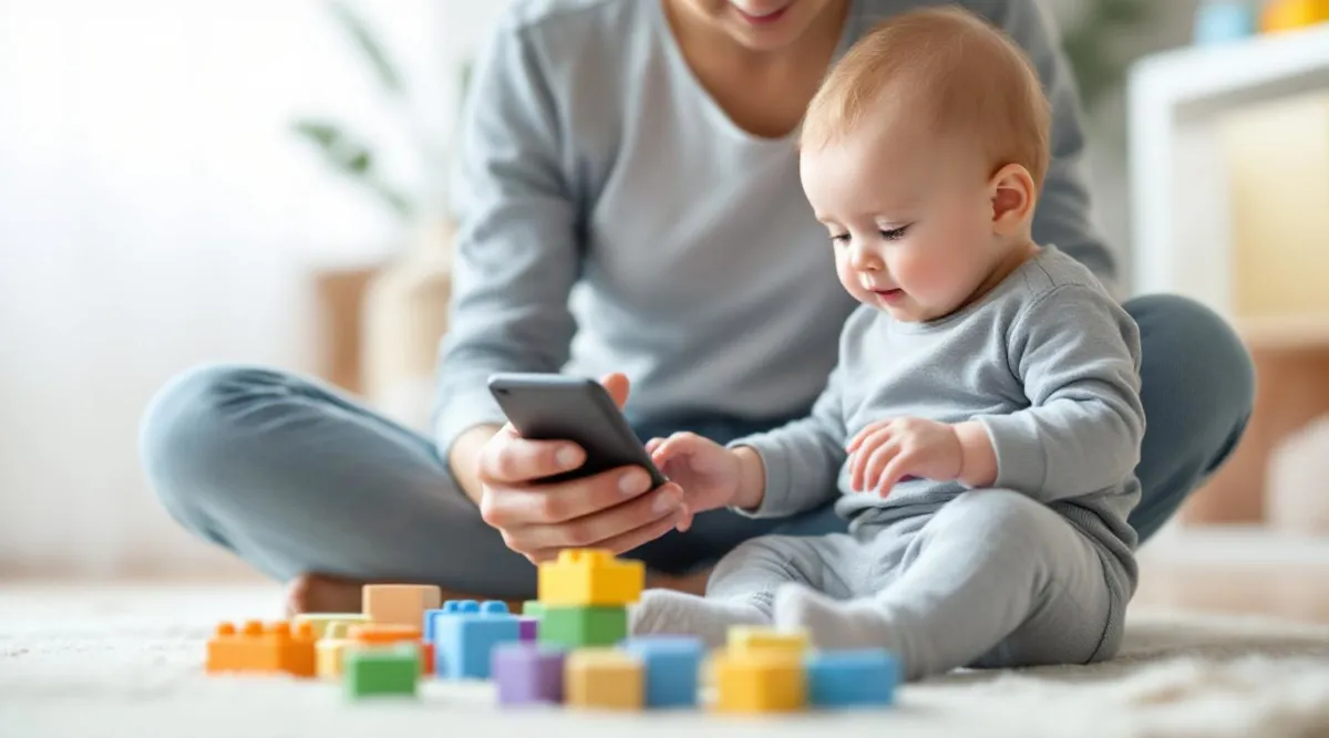 A parent scrolling on a smartphone while their baby sits nearby playing with blocks