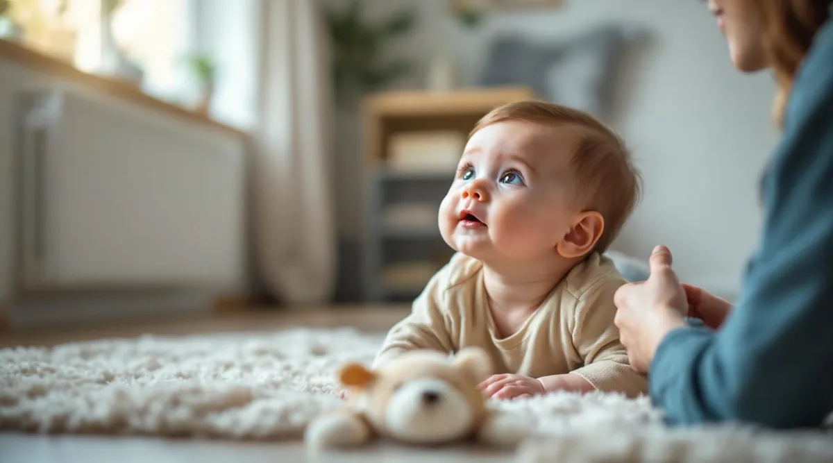 A 6-month-old baby turning their head toward a parent’s voice while playing with a soft toy on the floor