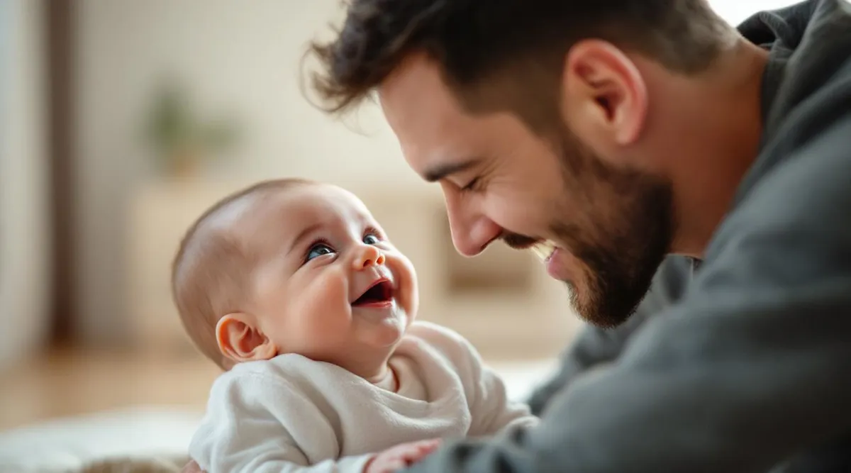 A 6-week-old baby smiling up at a parent who is leaning close and smiling back