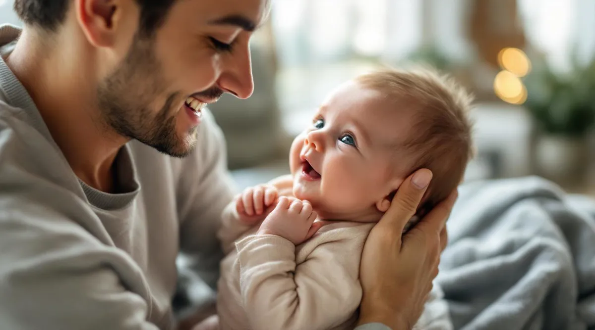 A parent smiling warmly while holding a 2-month-old baby who is looking back at them