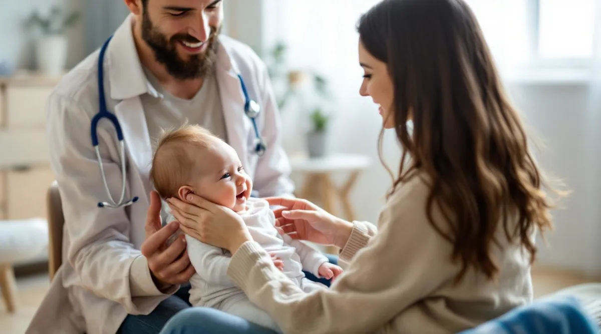 A parent gently talking to their 7-month-old baby during a pediatrician visit