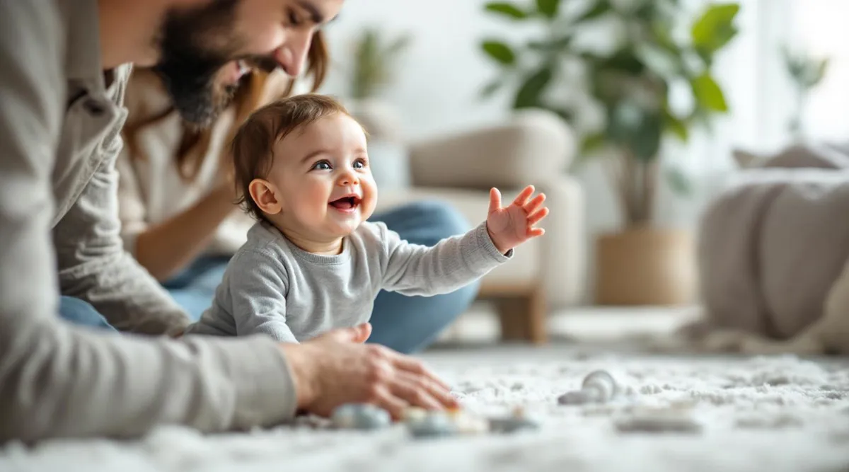 A 10-month-old baby smiling and reaching toward a parent during interactive play in a living room