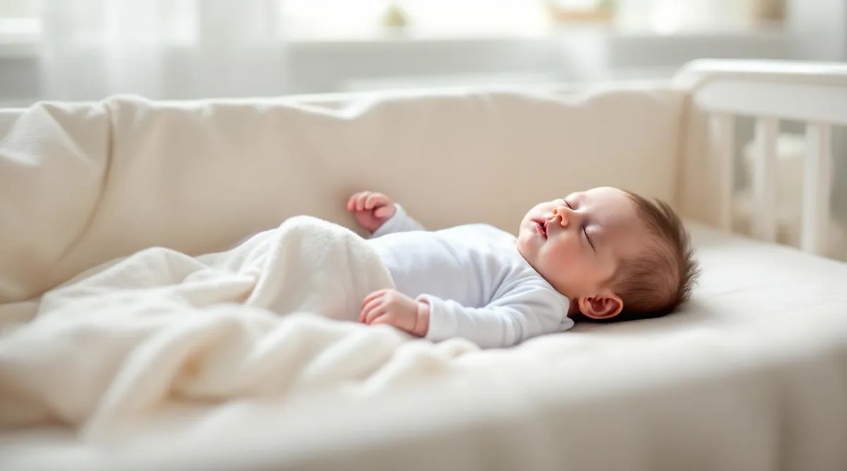 A 4-month-old baby sleeping on their back in a crib without a swaddle
