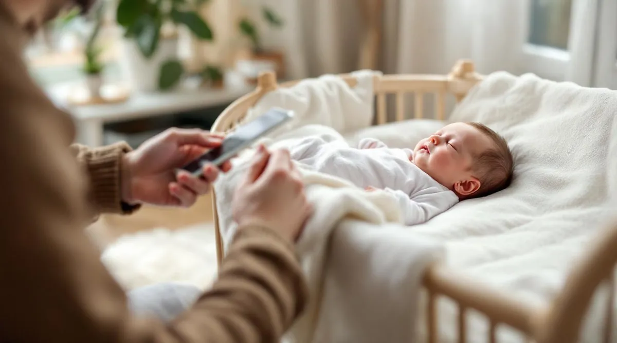 A parent using a smartphone while a baby sleeps peacefully in a bassinet nearby