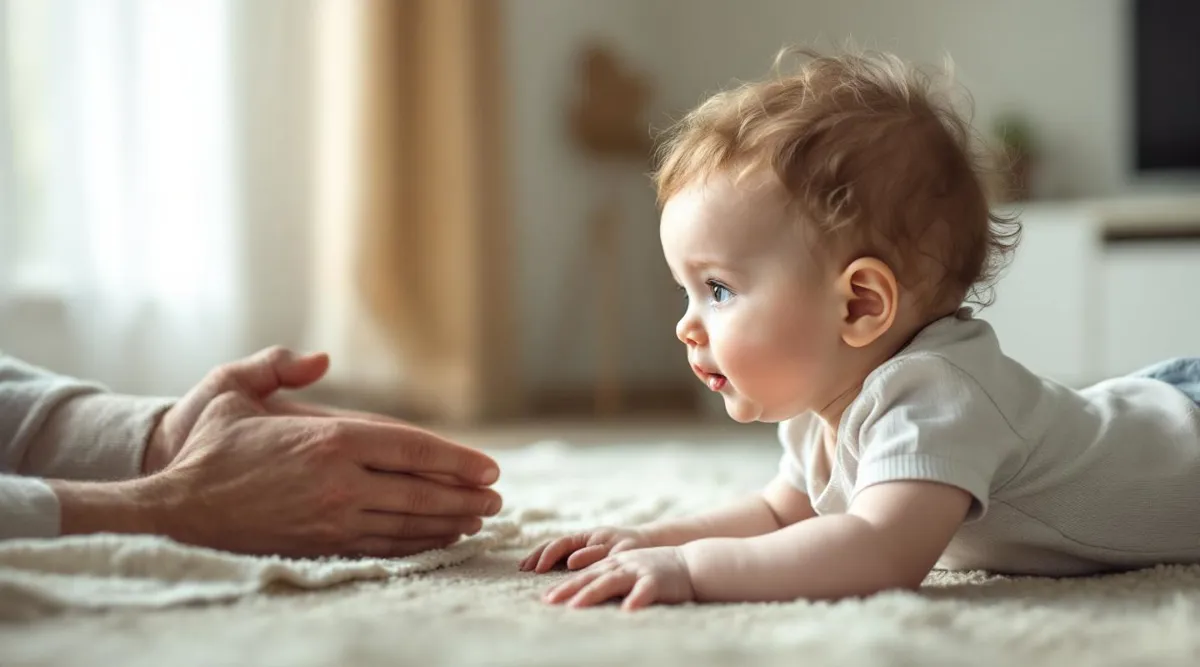 A parent lying face-to-face with a baby during tummy time encouraging them
