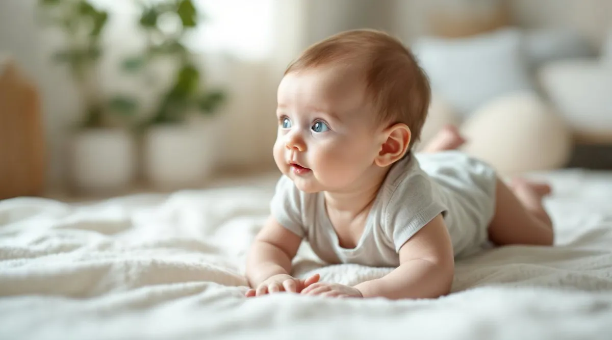 A 2-month-old baby lifting their head during tummy time on a soft blanket