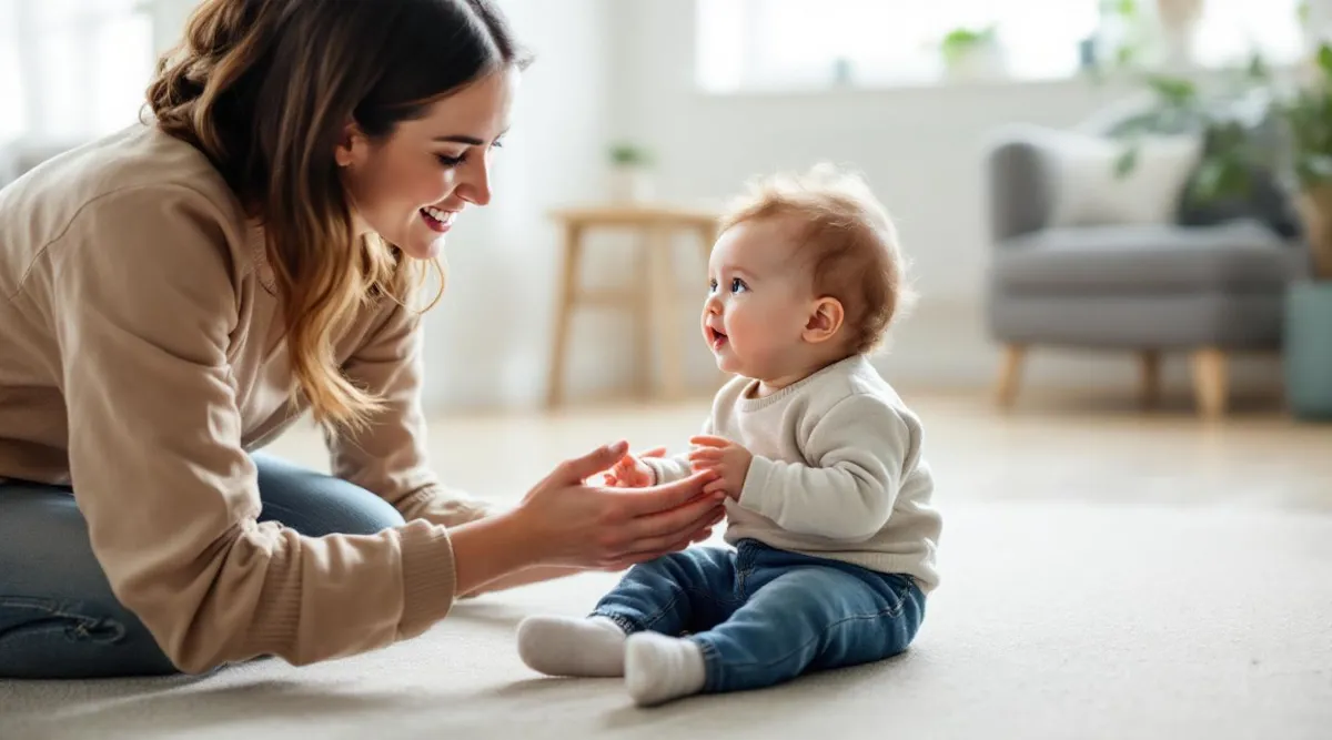 A parent kneeling at floor level smiling and gently calling to their 8-month-old baby who is sitting nearby