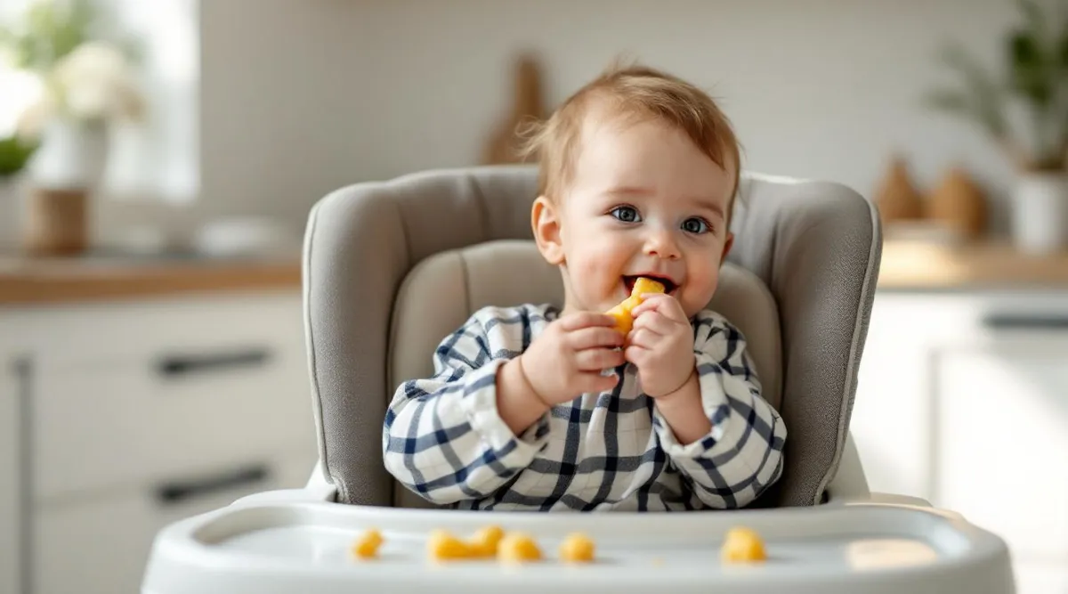 An 8-month-old baby in a high chair exploring small pieces of soft food with their hands