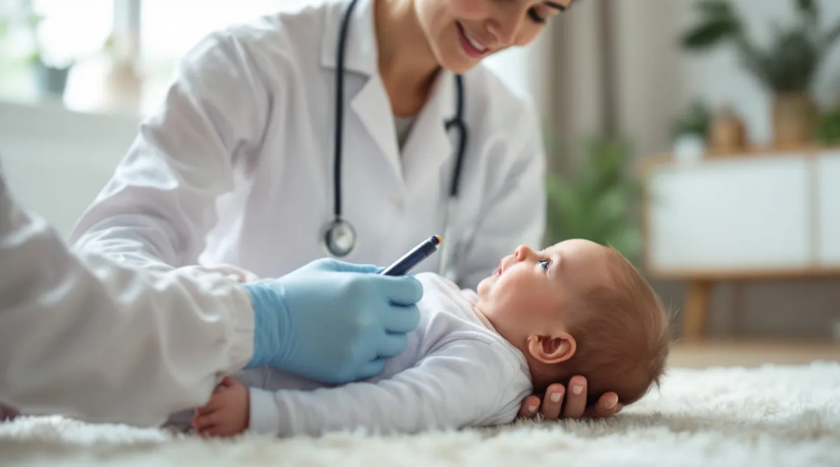 A pediatrician gently examining an 8-month-old baby during a checkup
