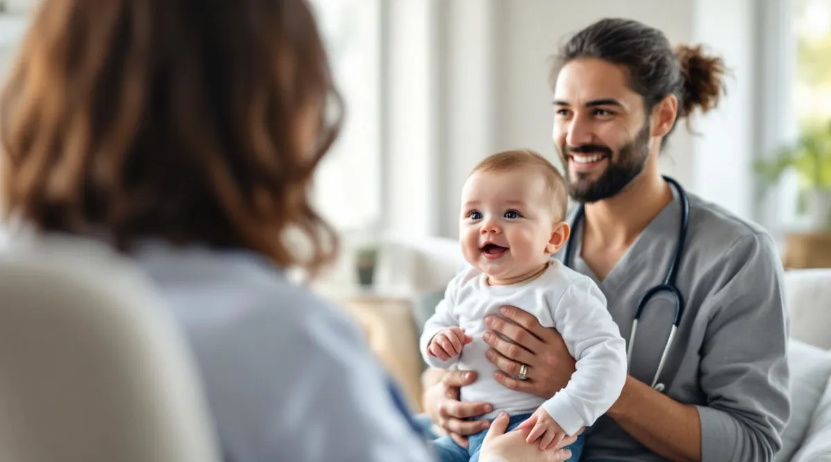A parent holding a 9-month-old baby during a calm pediatrician visit while talking with the doctor