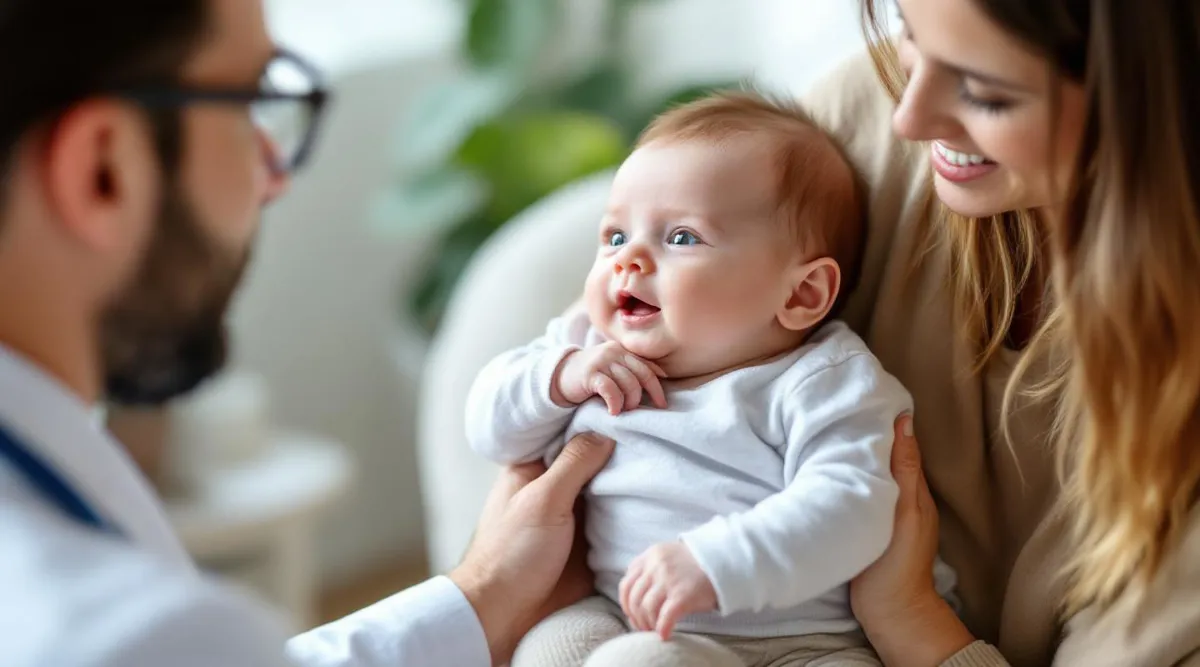 A parent holding a 4-month-old baby while talking with a pediatrician