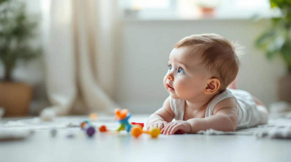 An 8-week-old baby on their tummy lifting their head and looking at a colorful toy