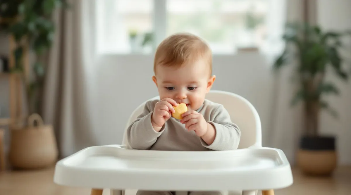 A 9-month-old baby using a pincer grasp to pick up a small snack from a high chair tray