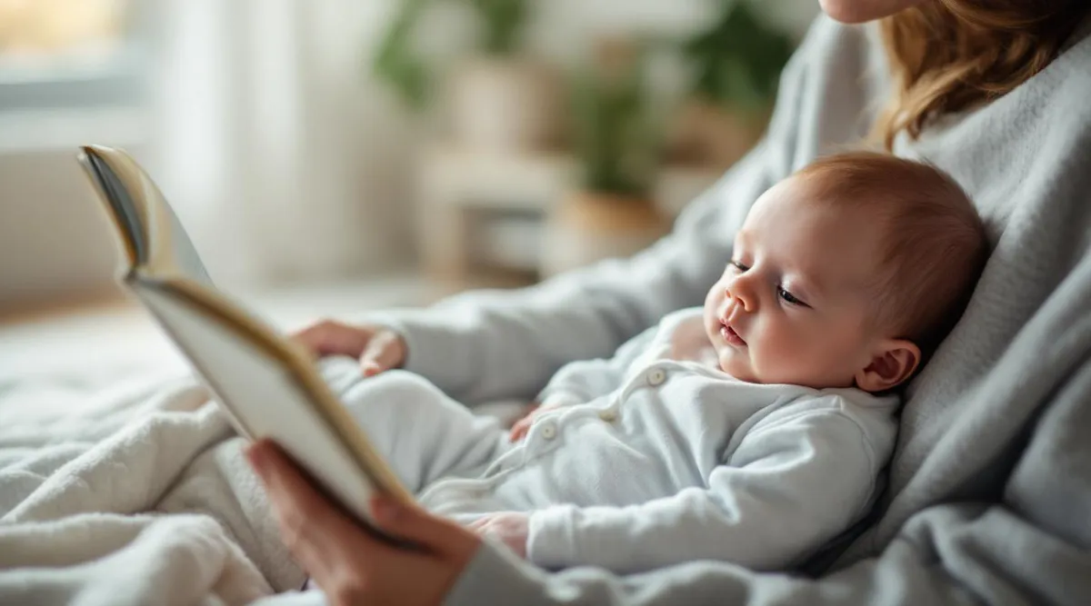 A parent reading a short bedtime book to a 4-month-old baby in pajamas