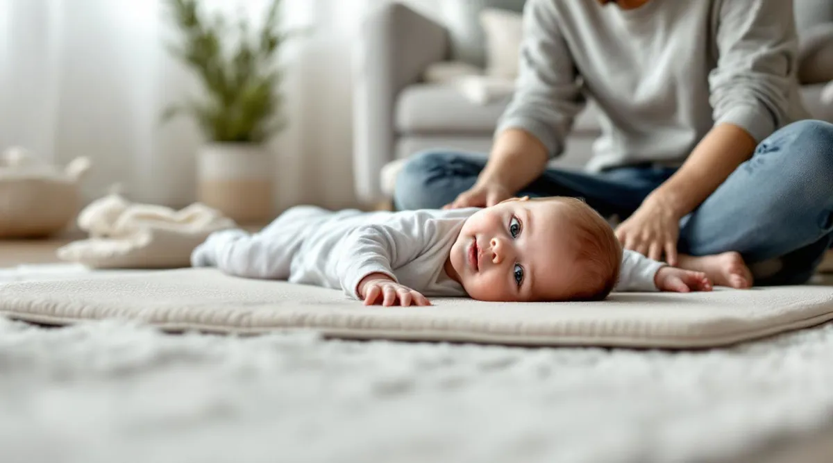 A baby on a firm play mat with a parent sitting close by supervising