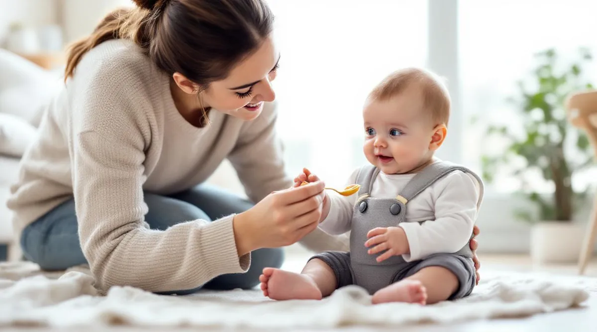 A 5-month-old baby sitting with support while a parent offers a small spoon of puree