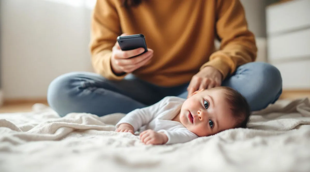 A parent holding a smartphone while sitting on the floor next to a 4-month-old baby lying on a soft blanket