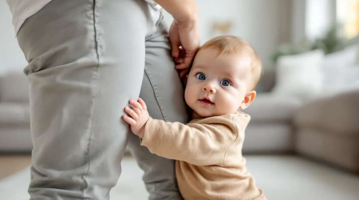 A baby clinging to a parent’s leg in a living room