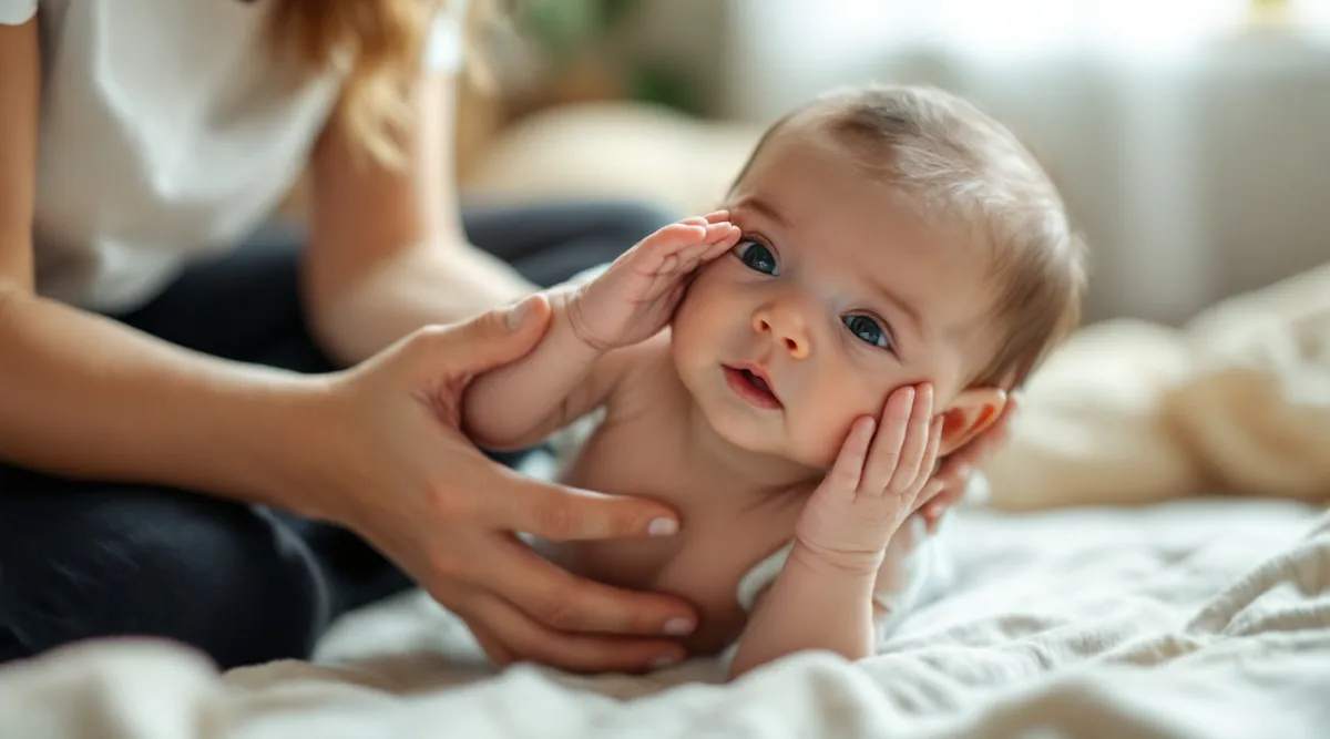 A 5-month-old baby rubbing their eyes while being held by a parent during a bedtime routine