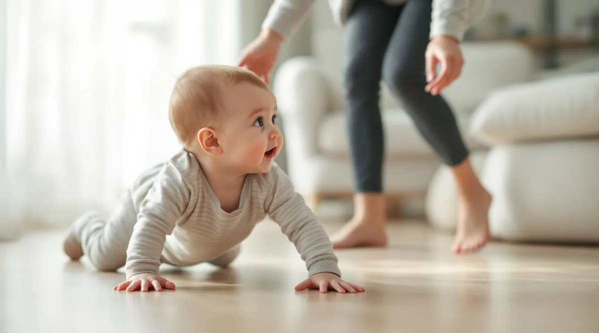 An 8-month-old baby crawling toward a parent with outstretched arms