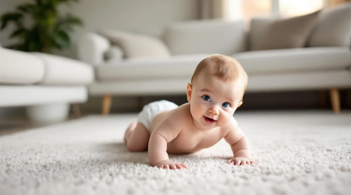 A 5-month-old baby rolling from tummy to back on a living room carpet