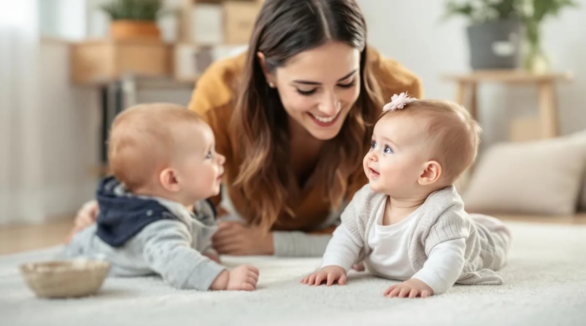 A parent smiling and making eye contact with a 2-month-old baby during a calm floor play session