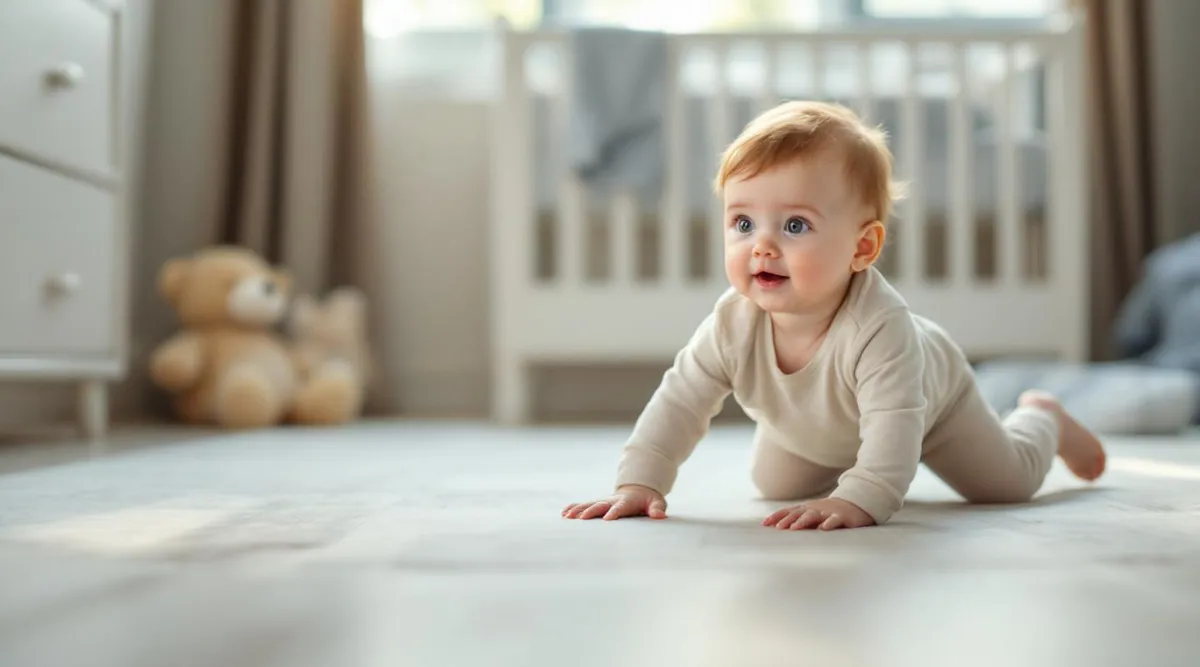 An 8-month-old baby crawling on a bedroom floor near a crib during daytime