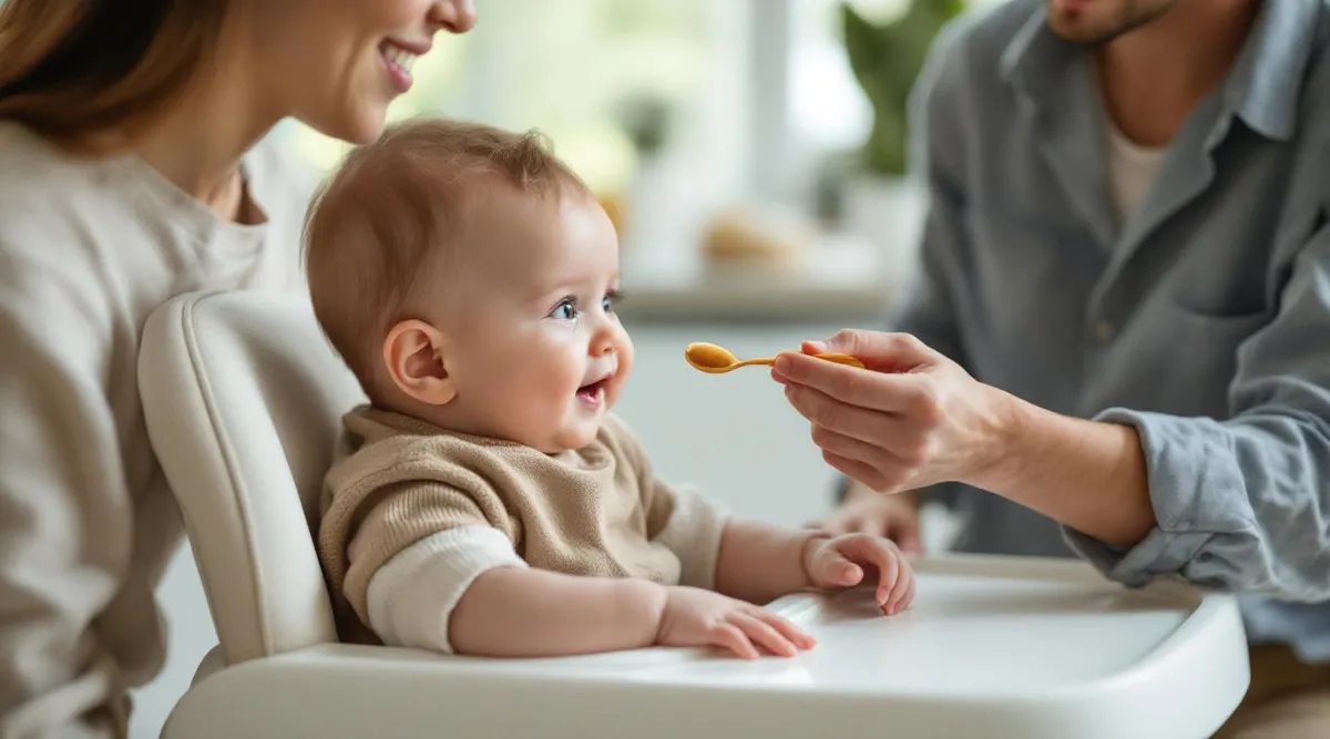 A 5-month-old baby sitting with support in a high chair watching a parent hold a spoon