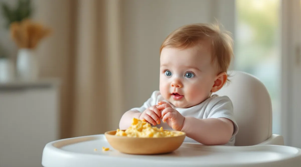 A 7-month-old baby sitting in a high chair exploring mashed food with their hands