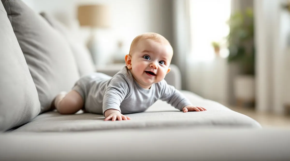 A 12-month-old baby cruising sideways along a couch while holding on