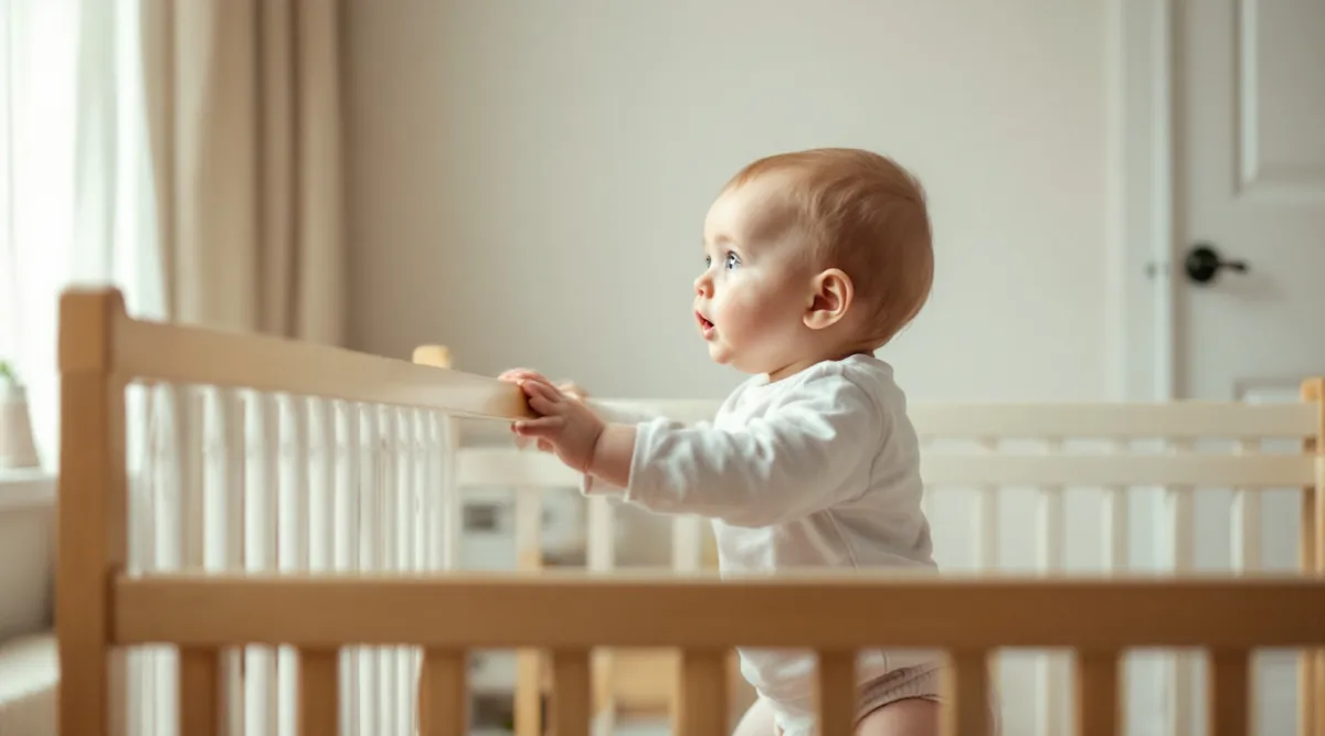 An 8-month-old baby standing in a crib holding the rail while looking toward the door