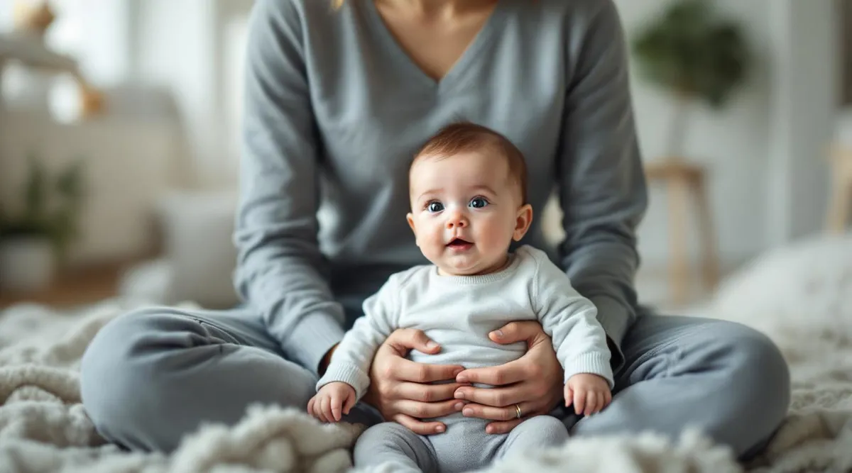 A parent gently holding a 5-month-old baby at the hips while sitting on the floor