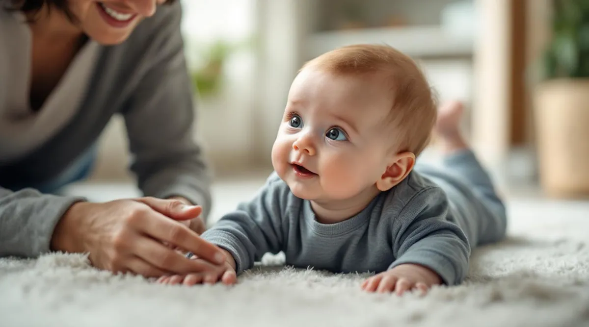 A 4-week-old baby making eye contact with a parent during tummy time