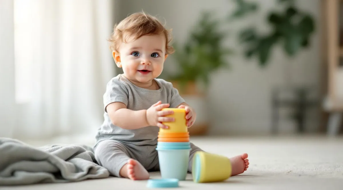 An 8-month-old baby sitting confidently and playing with stacking cups on the floor